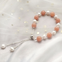 天然橙月光石珍珠手鏈 可伸縮 太陽石女款溫柔色設計款個性手鏈