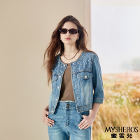 【MYSHEROS 蜜雪兒】假前口袋設計潮流珠鑽裝飾造型短版牛仔外套-藍