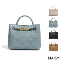 【MAISY】個性時尚簡約純色耐用編織皮質手提包(現+預 黑色／卡其色／米色／藍色)