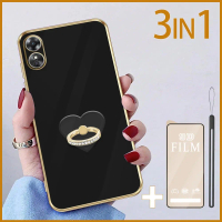เคสโทรศัพท์ 3 in 1, สำหรับ OPPO A17 และ A17K, เคสนิ่มชุบสังกะสี, พร้อมที่ใส่น้ำหัวใจรูปหัวใจ, ฟิล์มก