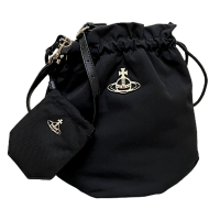 【Vivienne Westwood】品牌LOGO 尼龍抽繩單肩包/手提包(黑色)