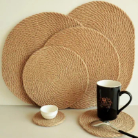 Linen Grass Woven Insulation Pad, Table Mat, Cotton Printed Meal Mat, Plate Mat, Cup Mat, Kitchen Supplies