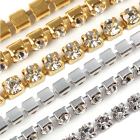 Ss6-Ss18 Gold Base Rhinestone Chain Shiny Crystals Stones Strass Trim Sew On Rhinestones for Clothes DIY Needlework Gems Crafts