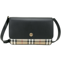 BURBERRY 巴寶莉  Vintage Penny 格紋帆布拼牛皮翻蓋斜背包(黑色)