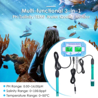 Digital PH Salinity TEMP Water Quality Monitor LCD Display 3in1 Online pH Salt Temperature Value For Aquariums Fish Tank Backlit