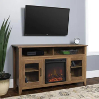 Walker Edison Glenwood Rustic Farmhouse Glass Door Highboy Fireplace TV Stand for TVs up to 65 Inches, 58 Inch, Rustic Oak
