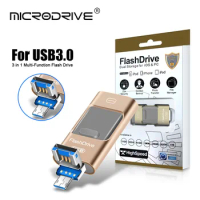 3-IN-1 USB Flash Drive for iPhone 128GB 256GB Pendrive 32GB 64GB Flashdisk 3.0 for USB/iPhone /iPad/Android/PC