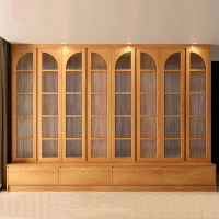 日式原木風定制客廳滿墻書架書柜玻璃門櫻桃木黑胡桃木書柜帶卡座