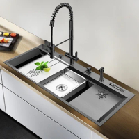 Asras 11850NT Black Nano Large Kitchen Sink Set with Multi-Functional Pullout Faucet SUS304 Stainless Steel Sink with Cup Rinser