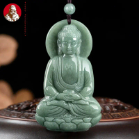 Alami Sebuah kacang jadeite hijau tiga dimensi Buddha Amitabha Buddha es batu giok liontin patung Bu