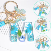 Creative Blue Little Daisy Dried Flower Keychain 26 Letters Butterfly Key Ring Women's Bag Tassel Pendant Car Key Holder