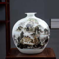 Chinese Vase 14 Inch Tree Village Scenery Ceramics Landscape Painting Vase Ornaments Ceramic Vase Vintage Bottle Porcelain