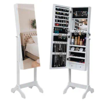 White Full Mirror Wooden Floor-standing 4-Tier Shelf with Internal Mirror 2-Drawer Jewelry Storage Adjustable Mirror Cabinet