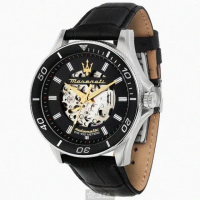 【MASERATI 瑪莎拉蒂】MASERATI手錶型號R8821140003(黑色雙面機械鏤空錶面銀錶殼深黑色真皮皮革錶帶款)
