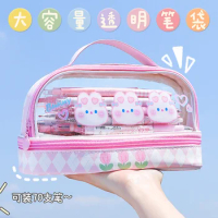 Portable Double-layer Transparent Pen Bag Box Stationery Aesthetic School Cases Pencil Pouch Utilities Holsters Pencilcase Girls