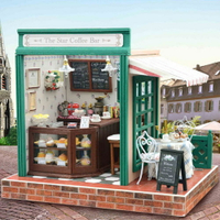 【WT16122304】 手製DIY小屋 手工拼裝房屋模型建築 含展示盒-星星咖啡吧