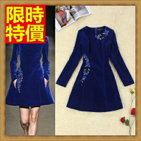 禮服連身裙-金絲絨圓領繡花長袖洋裝65aa16【獨家進口】【米蘭精品】