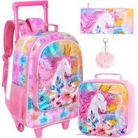 Rolling Backpack for Girls and Boys,Kids Unicorn Bookbag with Roller Wheels, Suitcase School Bag Set