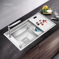 ASRAS SUS 304 Stainless Steel Three Cover Hidden Step Kitchen Sink Large Size Handmade Brushed Step Hidden Lifting Faucet Sinks