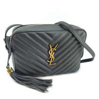 【YSL】泥灰色V形紋牛皮金釦斜背流蘇相機包(展示品)