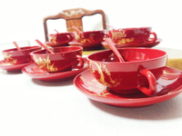 日本中古婚慶必備喜慶紅漆器金蒔繪碗碟勺六套組 咖啡杯早餐碗多