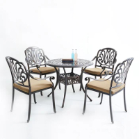 5 Piece Patio Dining Set, Metal Patio Furniture Weather Resistant Outdoor Patio Table and Chairs with Umbrella Hole and Cushion