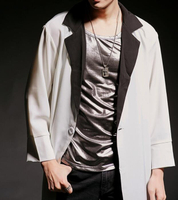 FINDSENSE 韓國潮流 個性 長款西裝領 垂直感 夜店 時尚 街頭潮男必備 DJ 薄款風衣外套