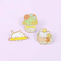 Custom cute yellow cat reading enamel pin pencil pot Brooches Lapel Badges On Backpack Clothes Jewelry Gift for Friend Wholesale