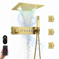 Luxury Gold 16 Inch Led Shower Head With Music Speaker Rain Waterfall Shower Bathroom Thermostatic Shower Faucet Set