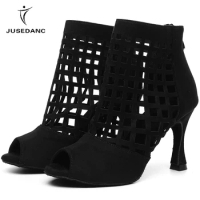 JuseDanc Ballroom Salsa Dance Shoes Ladies Jazz Dance Shoes Square Dance Boots High Heels Tango Dance Shoes Summer Leopard Black