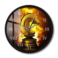 Burning Golden Chess Horse In Fire Chess Game Metal Frame Wall Clock Board Game Wall Art Silent Wall Watch Chess Players Gift