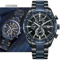 CITIZEN 星辰 GENTS 光動能 輕量鈦金屬 電波對時 碼錶計時腕錶-42mm AT8187-75E 湛藍星空