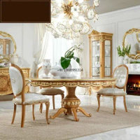 European style solid wood marble dining table and chair combination natural round retro Mediterranean
