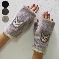 【日本SOLEIL】可愛貓咪保暖毛茸茸針織露指手套 毛絨毛線手套 可觸屏觸控(摩卡棕)