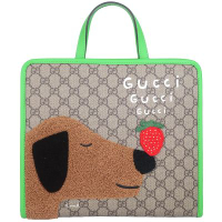GUCCI 毛線狗防水布草莓綠色皮邊手提包