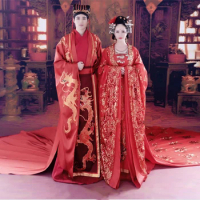 Ancient China Han Tang Dynasty costume women antique bride Wedding Dress Man Groom Red dragon Robe photography theme Outfit
