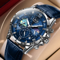 LIGE Brand Blue Watch Luxury Mens Watch Waterproof Chronograph Luminous Men's Wristwatch Leather Men Quartz Watches Casual Clock