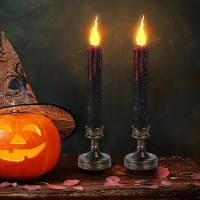 Halloween Candles Flameless LED Lighted Lamp Taper Candle Vampire Tears Black Candles with Bases 2pcs Flameless Candles Table