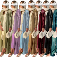 Muslim Turkey Abaya Fashion Sparkly Satin Silk Dress Solid Color Set of Two Pieces Women Long Dress Femme Kaftan Isamic Clothing