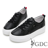 【GDC】真皮星星俏皮逗趣素面綁帶百搭厚底休閒鞋-黑色(914529)