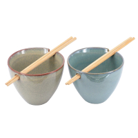 【YU Living 信歐傢居】日式陶瓷特殊釉麵碗筷子二套組 500ml(二套一組/棕.綠色組/湯碗筷組)