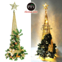 摩達客 90CM檳金色系聖誕裝飾四角樹塔聖誕樹+LED50燈插電式燈串暖白光