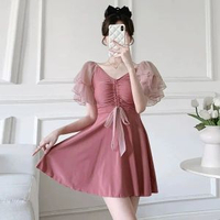 內地直送 - 連體泳衣女保守遮肉顯瘦小胸聚攏荷葉袖高階感度假泳裝女