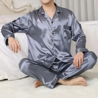 Men Pajama Set Men Sleepwear Men's Satin Lapel Pajama Set with Long Sleeve Shirt Wide Leg Pants Soft Homewear Sleepwear for Fall