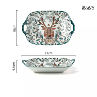 Bosca Living Deer Ceramic Tableware / Piring Mangkok Mangkuk Keramik Motif Rusa / Souvenir Hampers Bowl Set Piring dan Mangkok Gambar Deer Rusa / Peralatan Makan Diningware / Hampers Parcel Natal Christmas - Mangkok Rusa Persegi