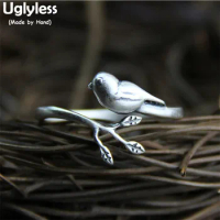 Uglyless Real 925 Sterling Silver Girls Little Bird Ring for Women Branch Leaves Ring Orient Romance Poetic Gifts Jewelry Retro