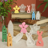 3D Easter Candle Mold Rabbit Angel House Candle Silicone Molds Easter Bunny Resin Casting Mould For DIY Candle Making Clay Party