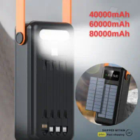 Large Capacity 80000mAh 5V Portable Solar Power Bank Fast Charging Outdoor Emergency Powerbank with Data Cables for Mobile Phone