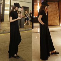 長洋裝 黑色短袖長裙女夏莫代爾韓國東大門口袋A字超長款打底寬鬆連身裙