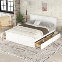 Queen Size Wooden Platform Bed with Four Storage Drawers and Support Legs, Sturdy Frame, Easy to Assemble, White